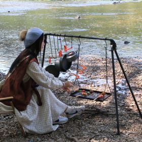 BBQ Swing Hanging Campfire Cooking Rack with Adjustable Iron Grill Grates,Foldable Campfire Cooking Rack with Hooks and Accessories for BBQ Picni