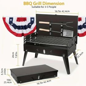 Barbecue Charcoal Grill Folding Portable, Windproof and thickened tool box design, durable, foldable structure lightweight and compact (Color: Black)